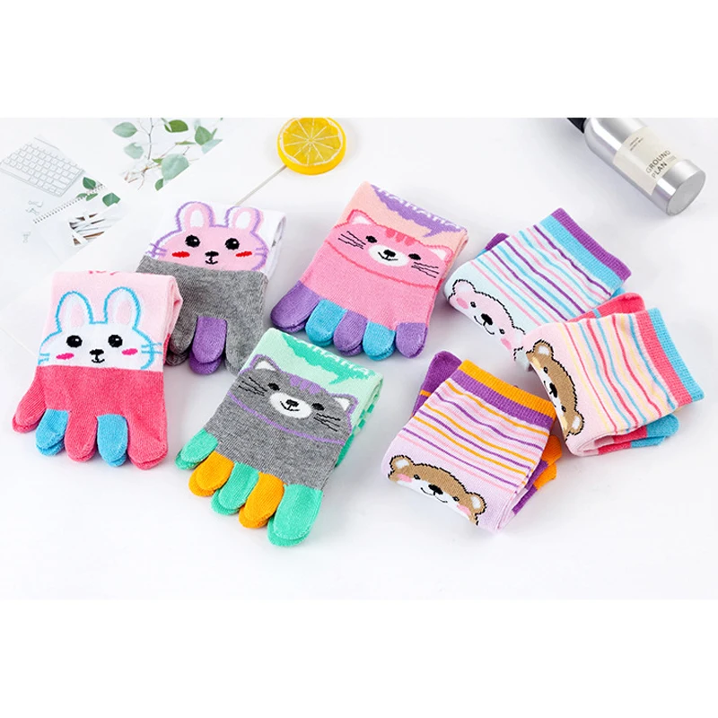 5 Pairs Cute Toe Socks Women Girl Cotton Striped Rabbit Bear Bright Color Young Casual Fashion 5 Finger Happy Socks Invisible