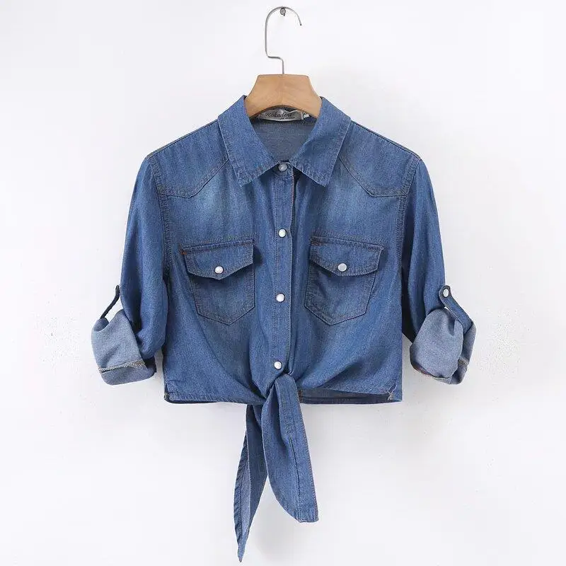 

Korean-style Denim Shirt for Women Short Jacket Small Shawl Mid-sleeve Tied with Lace