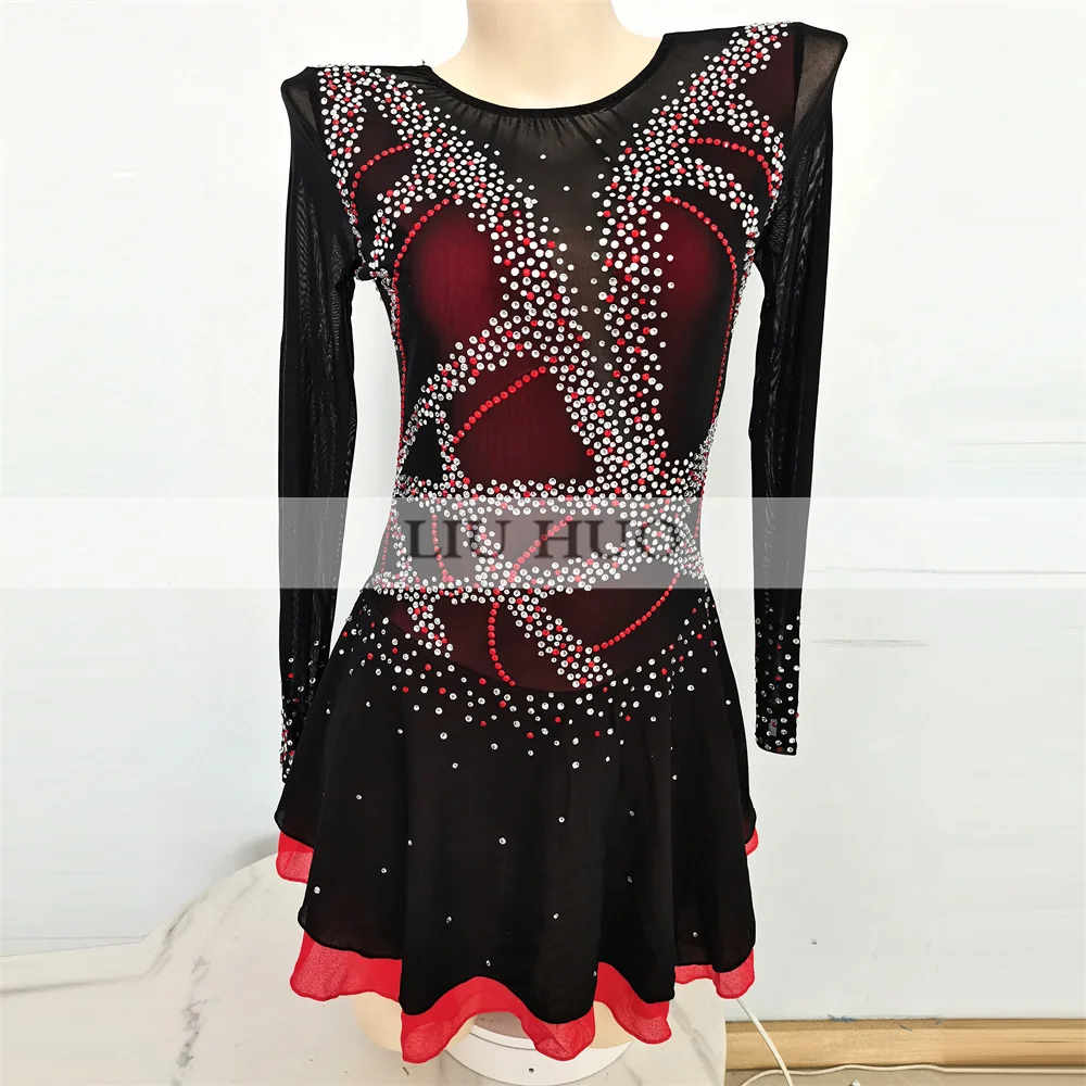 LIUHUO 女性 Aldult ティーンガールカスタマイズコスチュームパフォーマンス競技レオタードアイスフィギュアスケートドレスダンスブラックレッドローラー