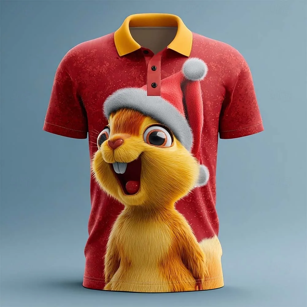 

Christmas Men's Animal Squirrel Pattern Short Sleeve Polo Shirts Fashion Collar Shirts X'mas Casual Party Holiday Men Clothing