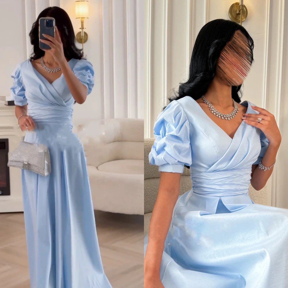 Customized Evening  Ball  Saudi Arabia  Satin Pleat Graduation A-line V-neck Bespoke Occasion Gown Long es