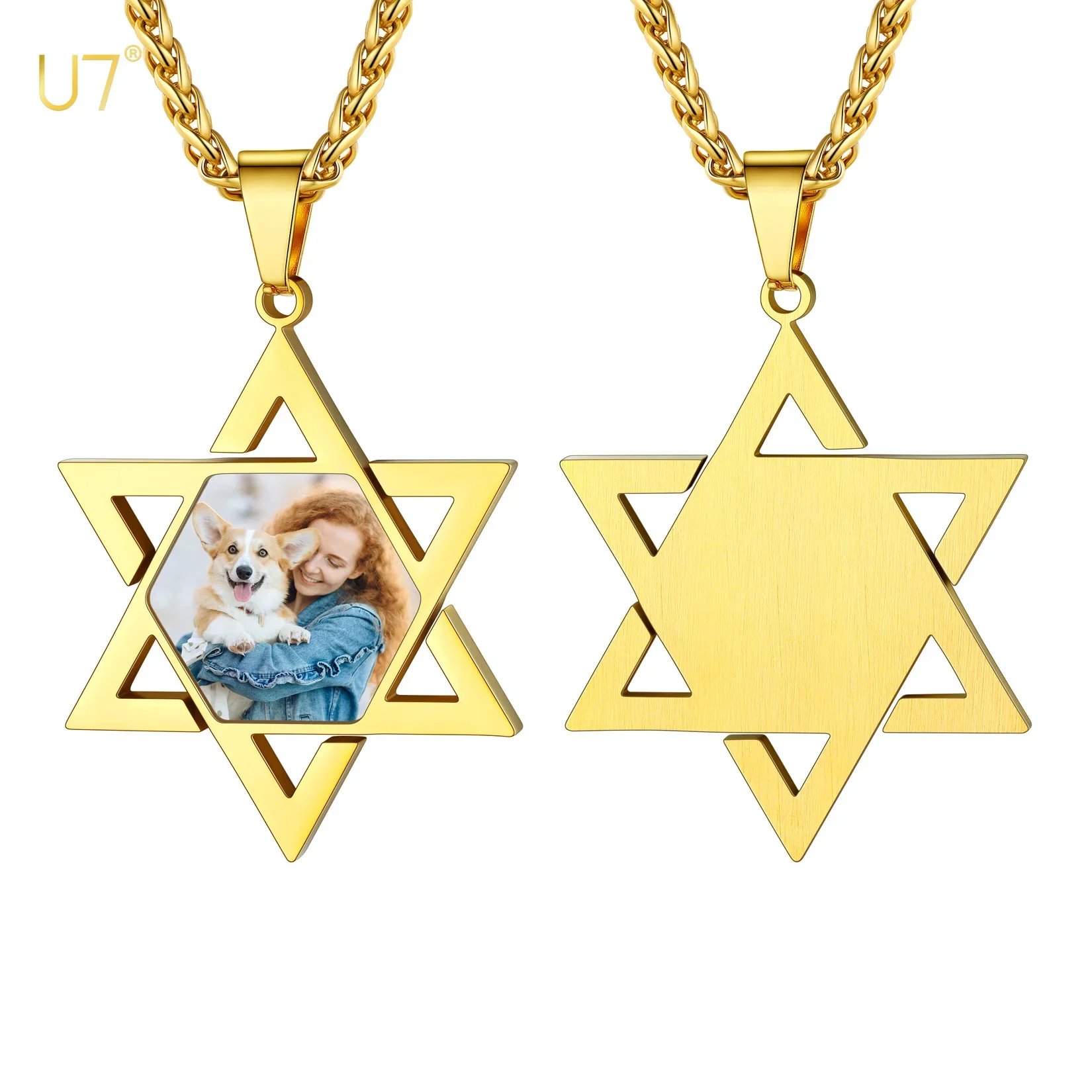 U7 Stainless Steel Star of David Necklace with Your Photo Memorial Picture Laser Engrave Name Personalized Jewelry for Family