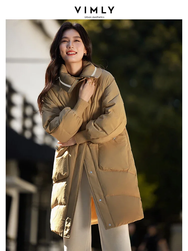 VIMLY Loose Contrast Fake 2 Piece Duck Down Coat Winter Lapel Casual Thick Warm Coat Women\'s Simple Office Lady Outerwear 50626