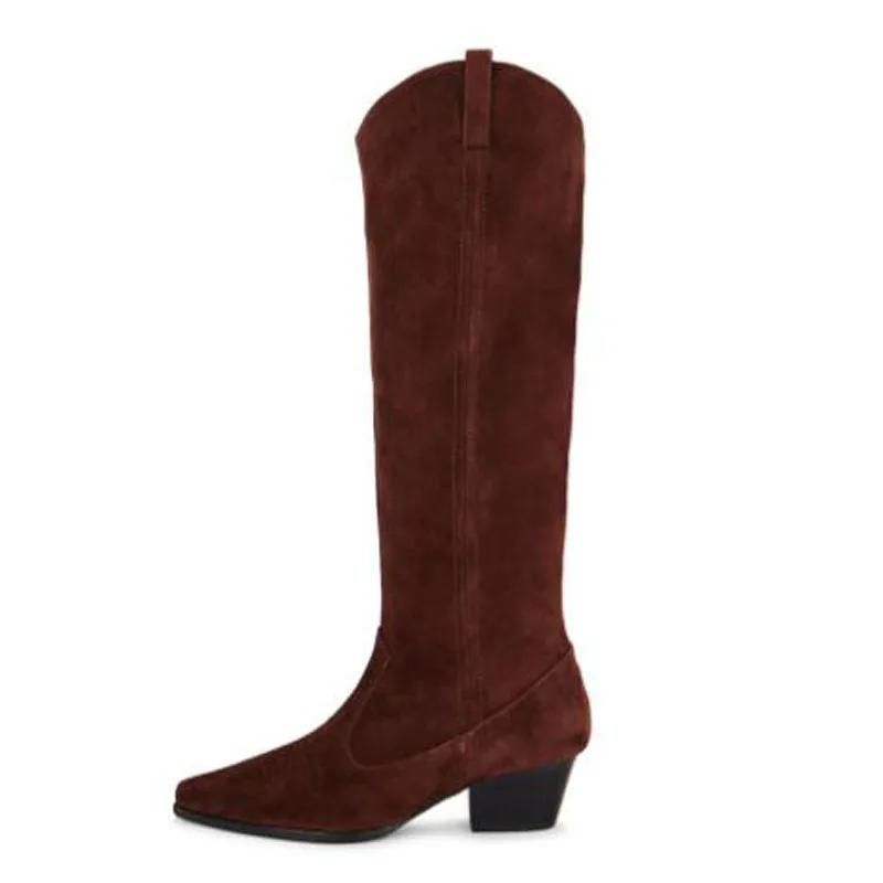 

Size 32 Women Coffee Black Suede Embroidery Pointed Toe Med Heels V Shape Front Knee High Boots Female Western Cowboy Long Boots