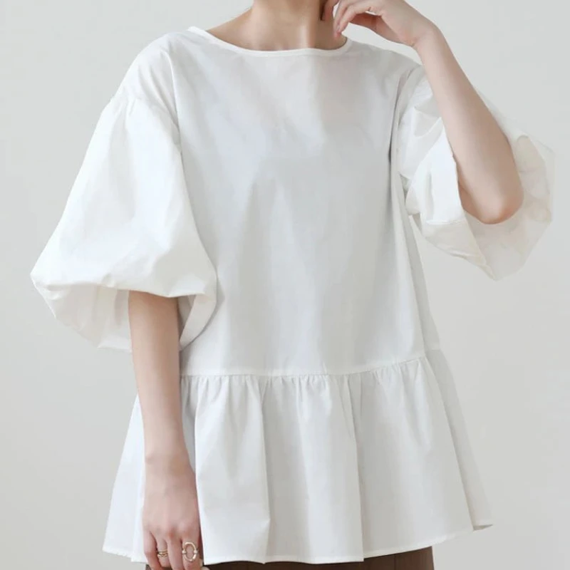 

REALEFT Summer Elegant Cotton Loose White Women's Blouses 2025 New Short Puff Sleeve O-neck Casual Korean Ruffles Shirts Female