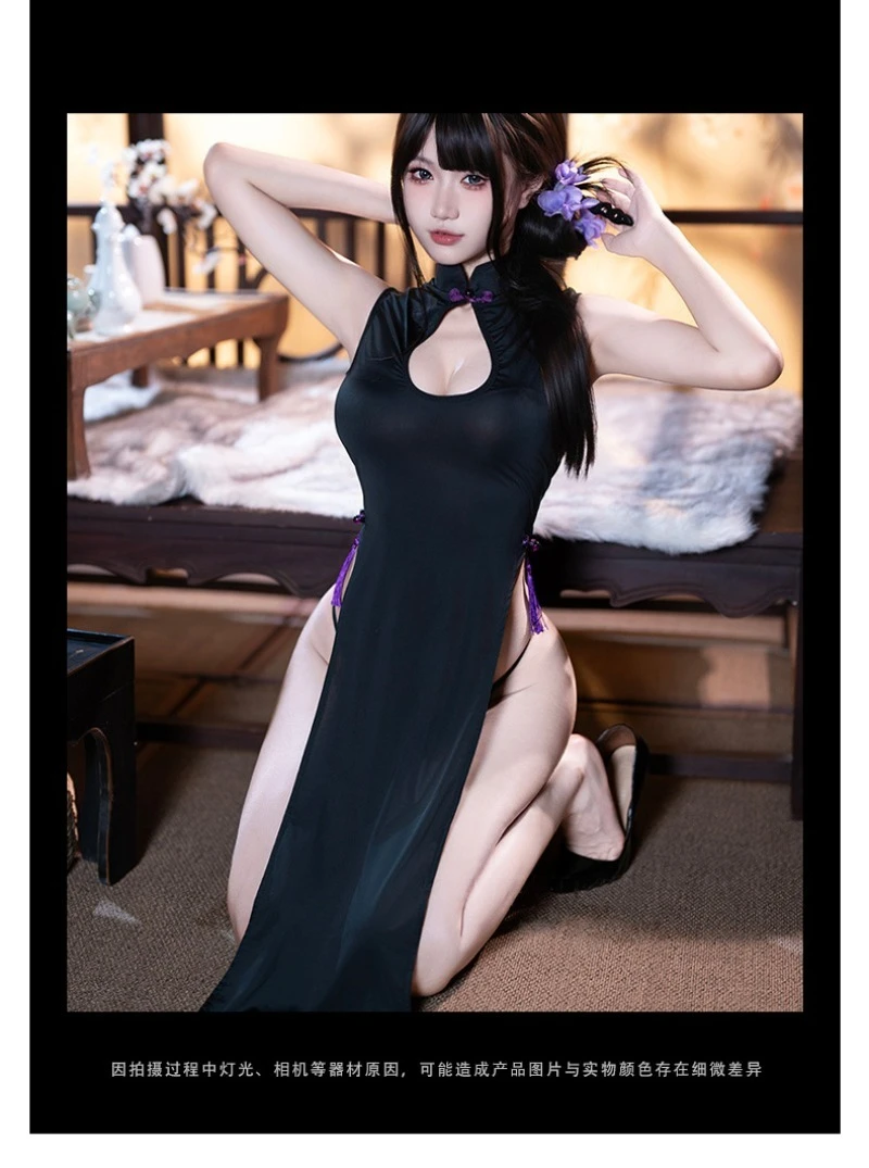 섹시한 순수한 욕망 스타일, 컷아웃 하이 슬릿, 몸매를 드러내는 민소매 롱 드레스, 여성용 리본 로맨틱 유니폼, 유혹적이고