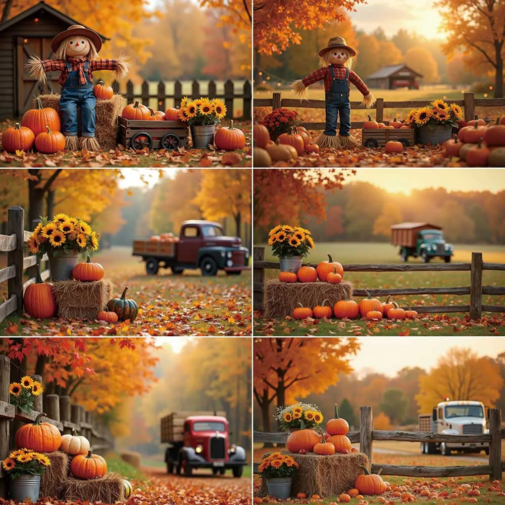 

MOON.QG Autumn Harvest Backdrop Photography Scarecrow Tractor Farm Photozone Background Child Photo Studio Photocall Accessories