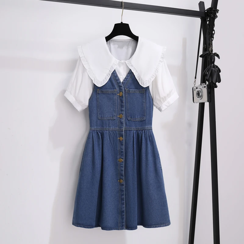 2024 High Quality Elegant Bodycon Two Piece Sets Women White Chiffon Ruffled Doll Collar Blouses+Blue Denim Strap Dress Suit Set