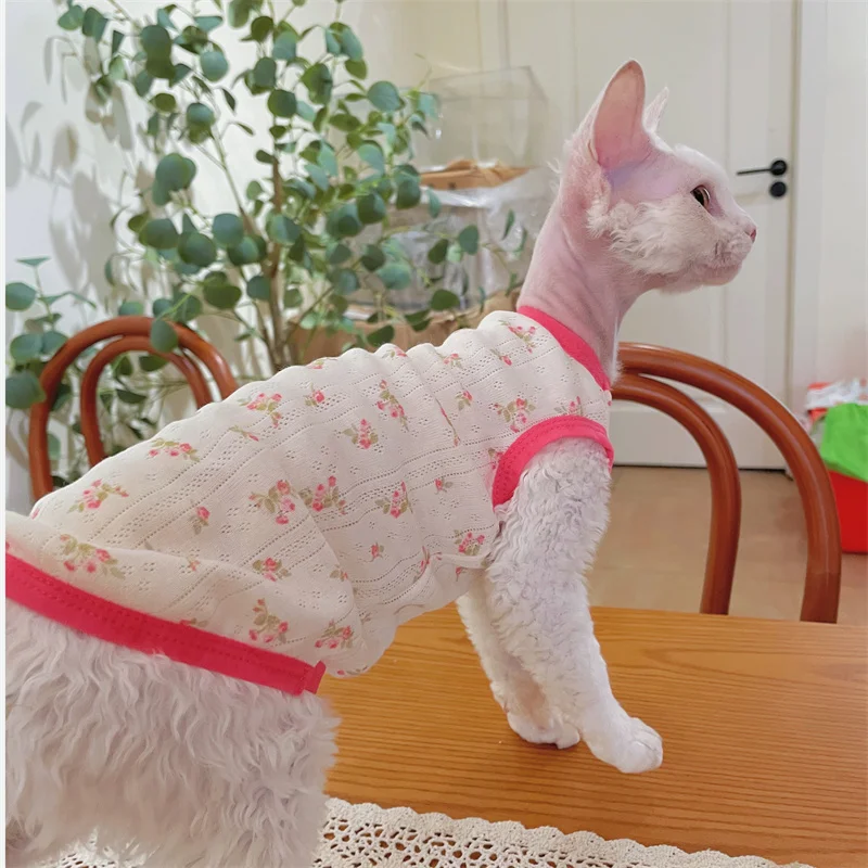 Breathable Mesh Cotton T-shirt for Hairless Cat Sweet Red Floral Summer Vest for Sphynx Cat Devon Rex Loungewear in Spring