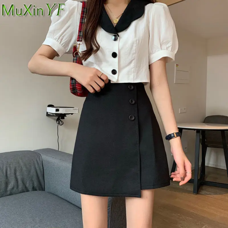 

2022 Summer Women's Fashion Short Patchwork Tops Black High Waist Skirts Two Piece Dress Set Korean New Lady Trendy Outfits