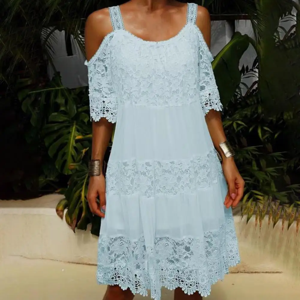 Summer Dress Sling Cold Shoulder Half Sleeve Loose Summer Dress Crochet Embroidery Lace Stitching Mini Dress Female Clothing