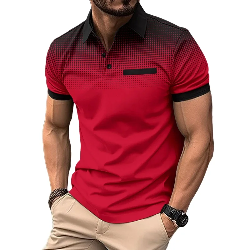 

Summer Men's Short Sleeve Polo Shirt Gradient Printed Polka Dot Lapel Top Plus Size Loose Fashion Casual Sports Polo Shirt