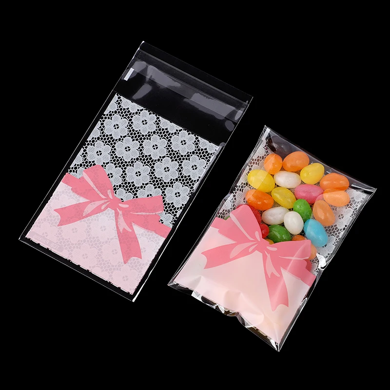 

50Pcs Pink Bow Cake Gift Bag For Sweets Plastic Candy Cookies Packaging For Wedding Birthday Party Supplies Baby Shower Favors