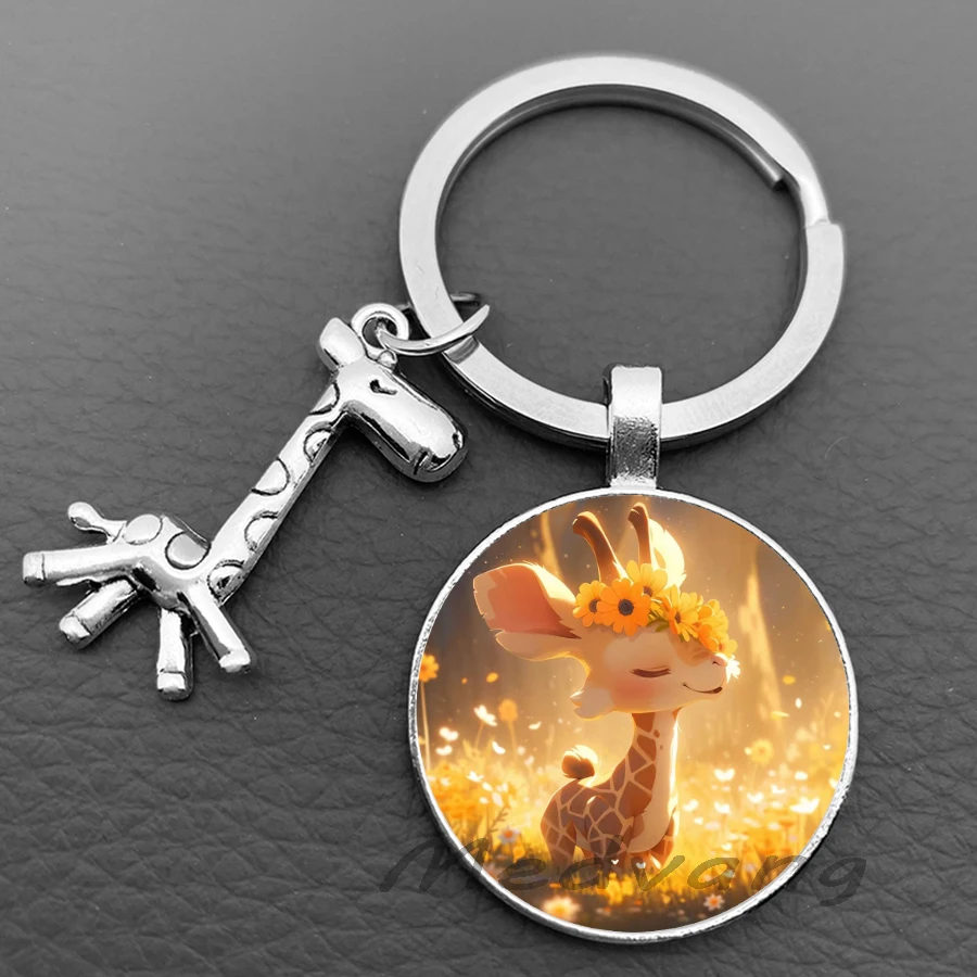 2024 Cute cartoon deer keychain fashionable colorful giraffe glass dome women\'s keyring car keychain jewelry gift