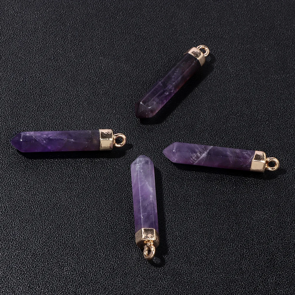 30x6mm Natural Amethysts Rose Quartzs Reiki Hexagonal Pendulum Charm Stone Column Pendant DIY Amulet Jewelry Making Necklaces