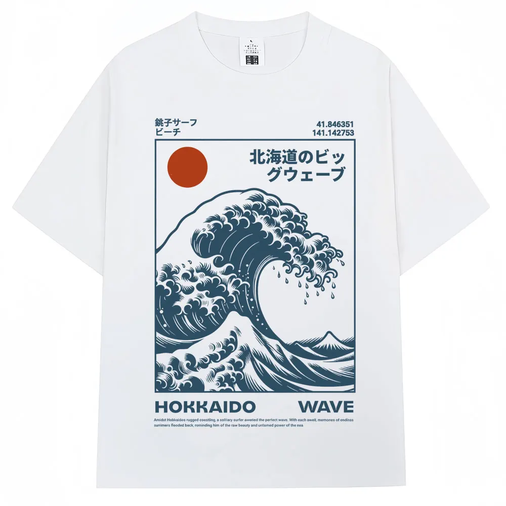 Camisetas de Algodão Oversized de Alta Qualidade Estilo Japonês Hokkaido Wave para Homens e Mulheres, Tamanhos Asiáticos S-5XL, Moda Harajuku, Camiseta de Verão