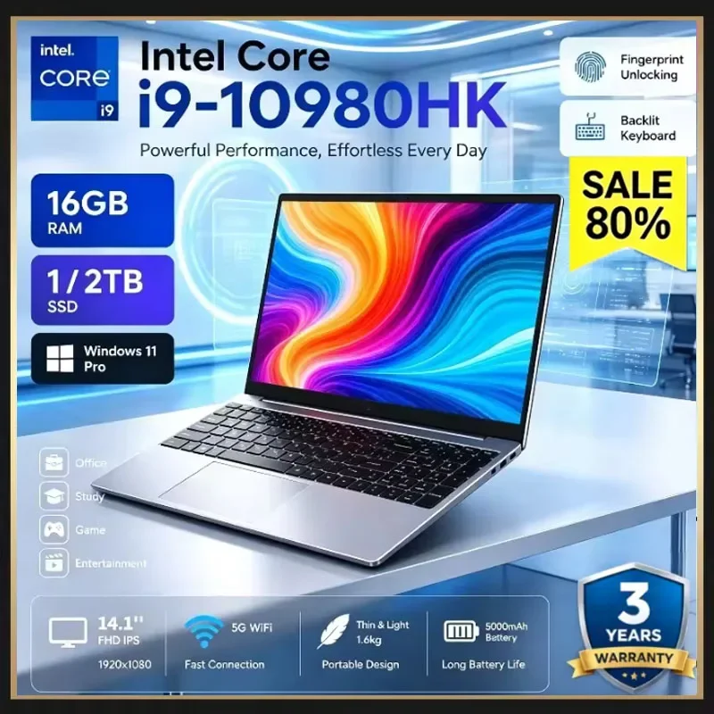 Intel Core i9 10980HK 14.1Inch Gaming Laptop 32GB RAM 2TB SSD Fingerprint Unlock WiFi 6 4K Ultrabook Pro Max Speed for Work