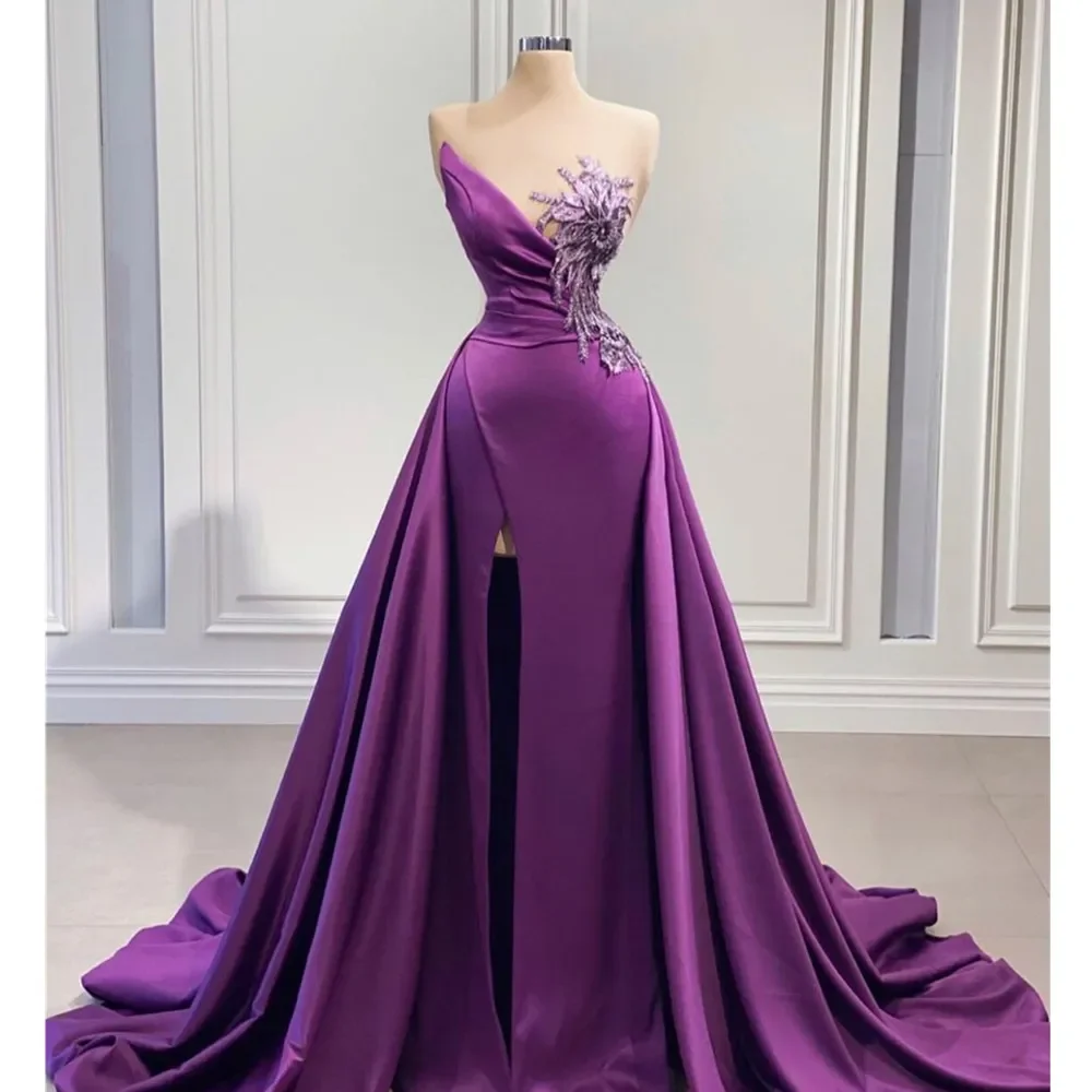 Robes de Rhsirène violettes arabes pour femmes, appliques en fibre de dentelle, soirée formelle, quoi que ce soit avec fente