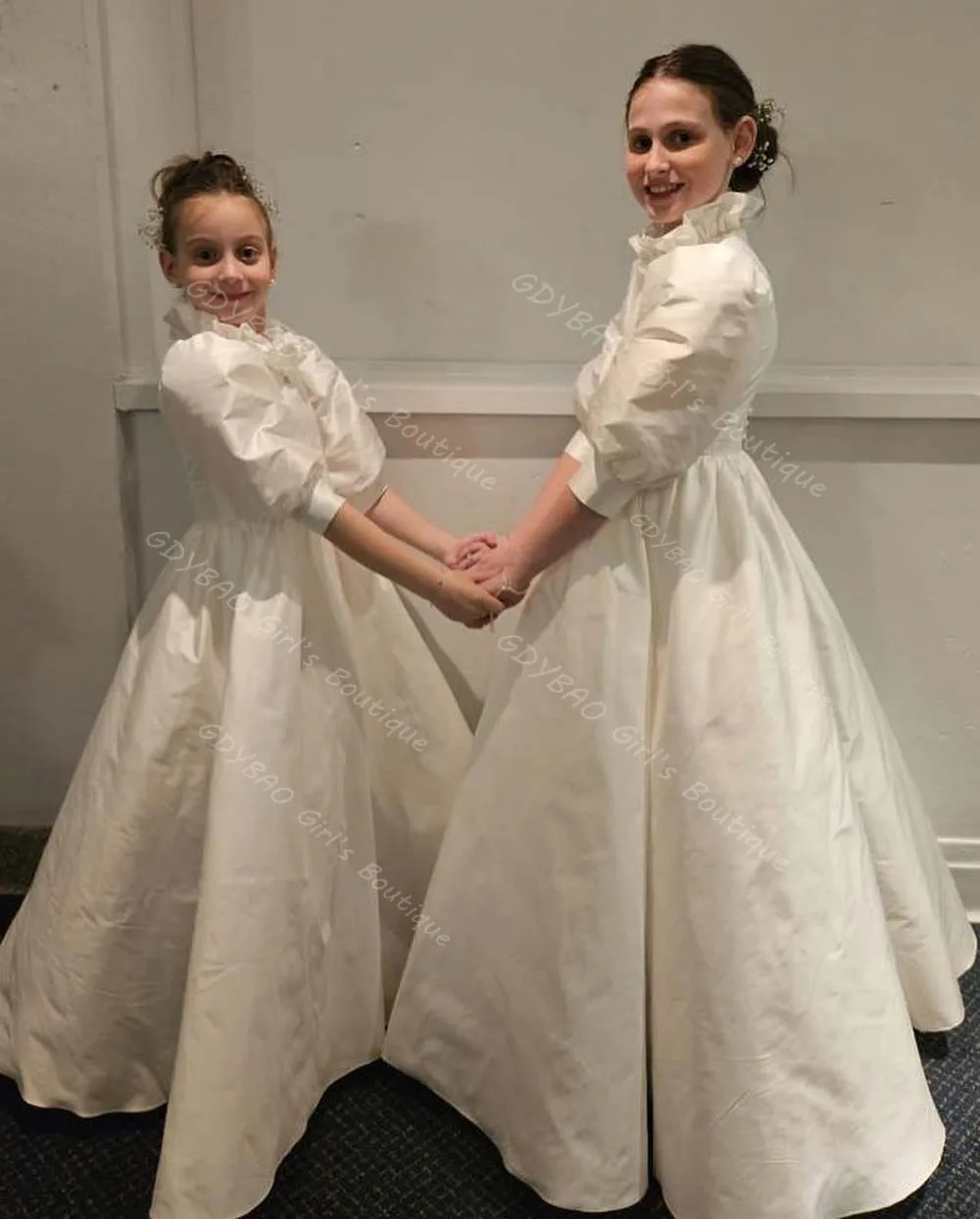 

Vintage First Communion Dress for Girls High Neck Balloon Sleeve Taffeta Wedding Flower Girl Dress Customized Kids Party Gown