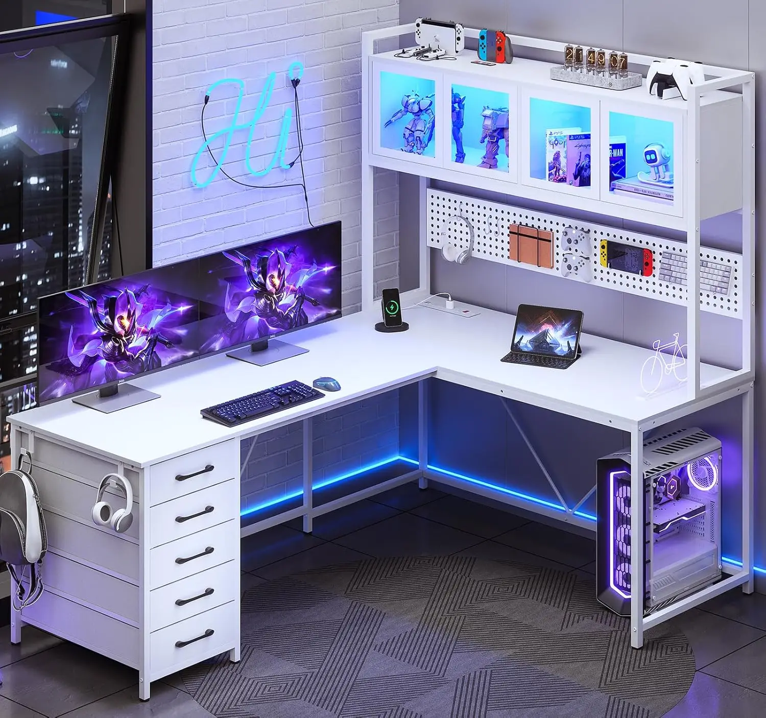 L Shaped Gaming Desk with Drawers, L Shaped Computer Desk with Hutch and Storage Shelves, Gaming Desk with Pegboard, Led