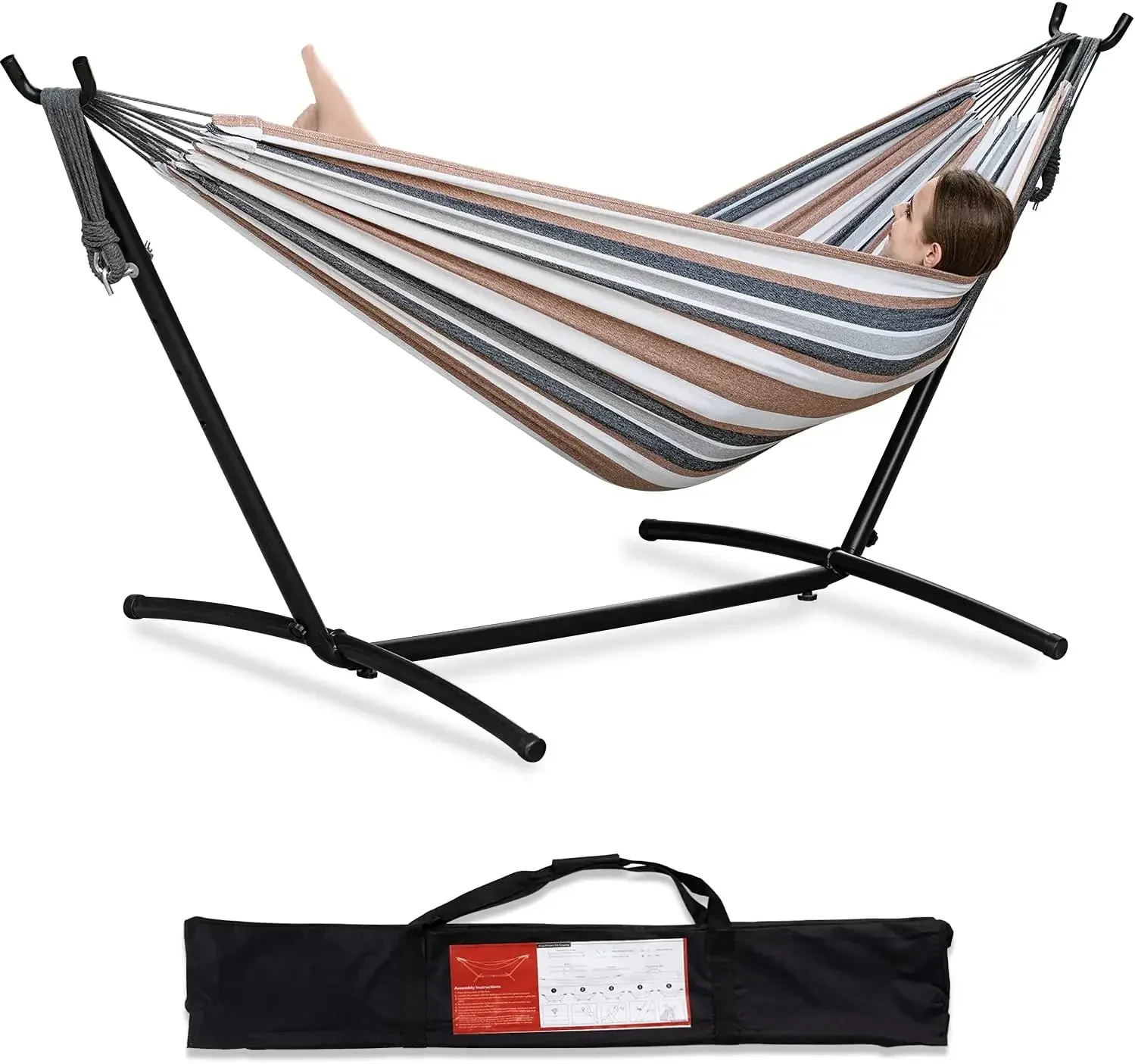 Double Hammock with Space Saving Steel Stand Included Outdoor 450lb Capacity 2 People Standing Hammocks and Carrying Bag