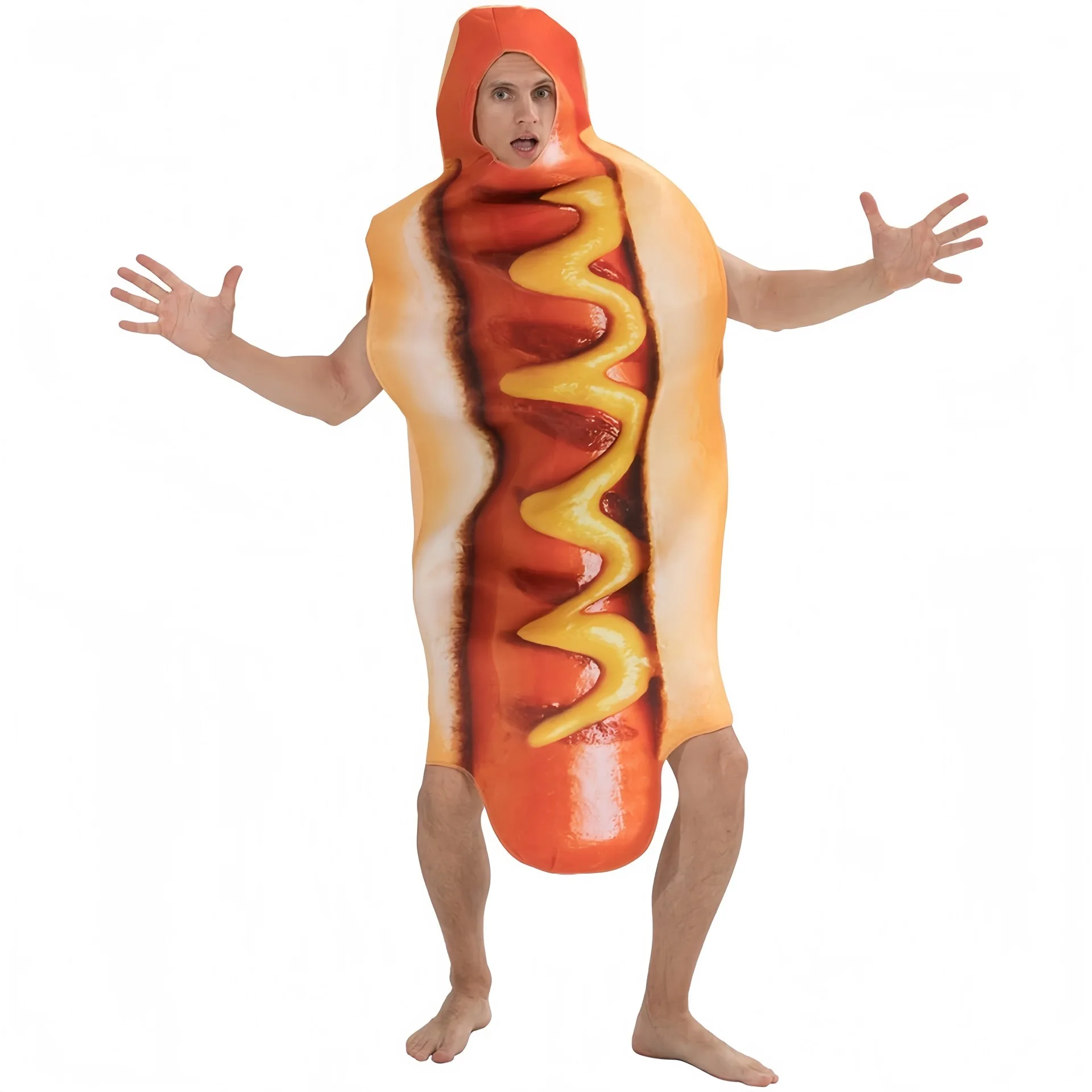 Funny 3D Print Hot Dog Hooded Costume Loose Sleeveless Food Outfit Men Women Halloween Cosplay Carnival Novelty Party Dress Up view 3