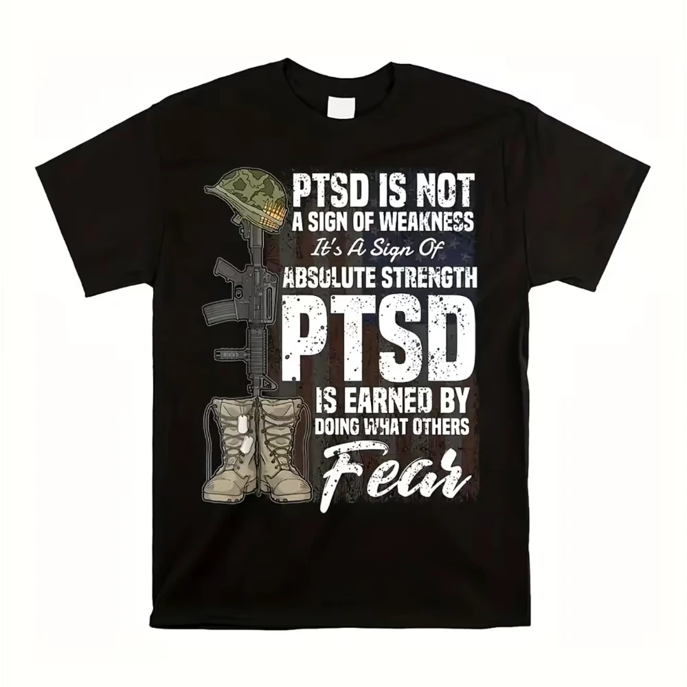 PTSD Awareness Men's Black T-Shirt Short Sleeve Combat Boots and Rifle Design All-Season Wear Inspirational Apparel Text Graphic