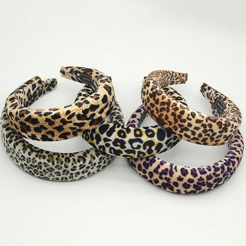 Sponge filled Leopard Velvet Chunky women headbands Fashion high hair hoops fur fabric plastic hairbands for girls Headpieces