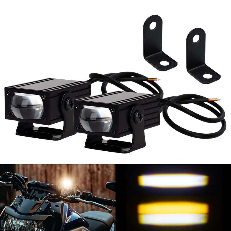 Motorcycle LED Grille Light Projector Lens Dual Color White Yellow Hi Lo Beam Spotlight Electric Scooter Front Headlamp