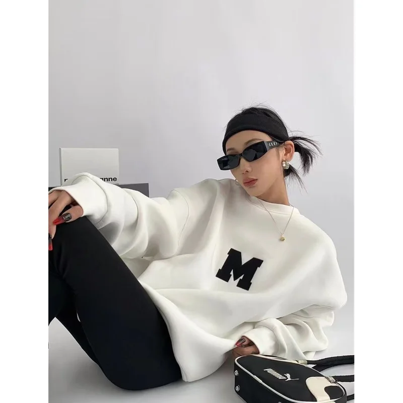 Womens Clothing Vintage Street Sweatshirt Y2K Embroidery Letter Pattern Pullover Long Sleeves Warm Oversize Baggy Ladies Tops