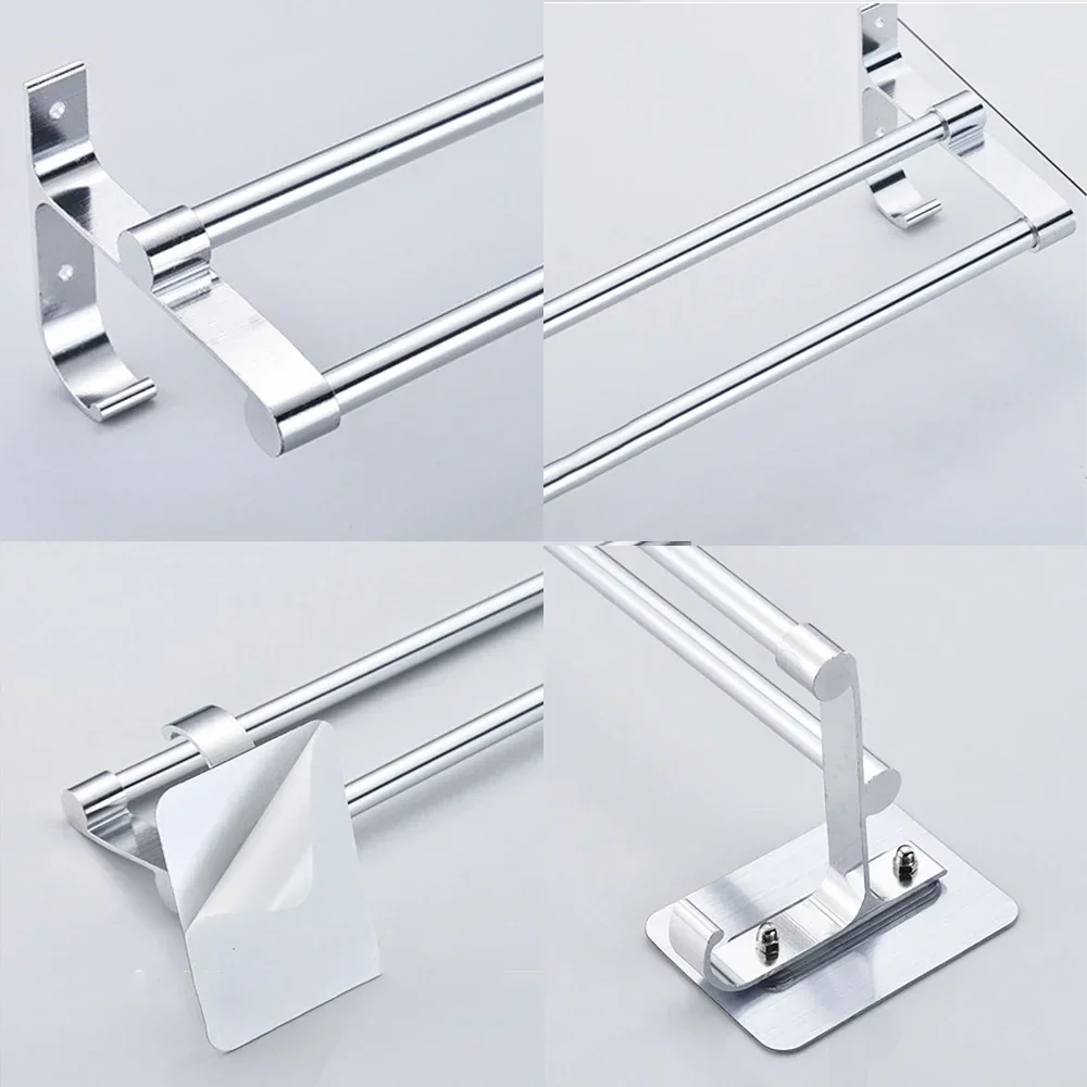 Towel Hanger Bars 40-60CM 2 Pole Punch-Free Shower Clothes Hanging  Wall Rack Silver Aluminum Holder Hook Bathroom Accessories