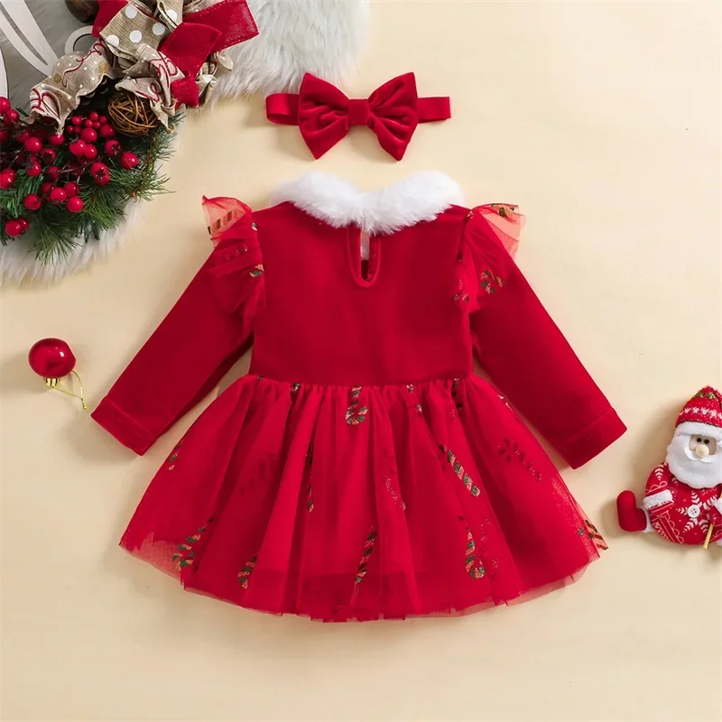 Baby Girl Christmas Outfits Solid Color Long Sleeve Tulle Dress + Headband Set Infant Winter 2 Pieces Clothes