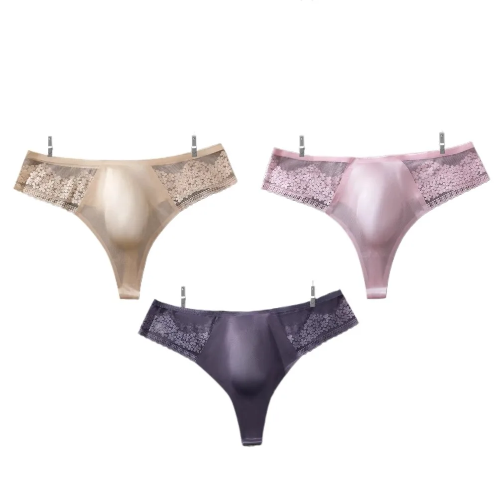 

Комплект из 3 мужских сексуальных кружевных шелковых стрингов-танга без швов с анатомическим мешочком, трусы-стринги для геев и сисси, сексуальные трусики больших размеров, Т-образные стринги