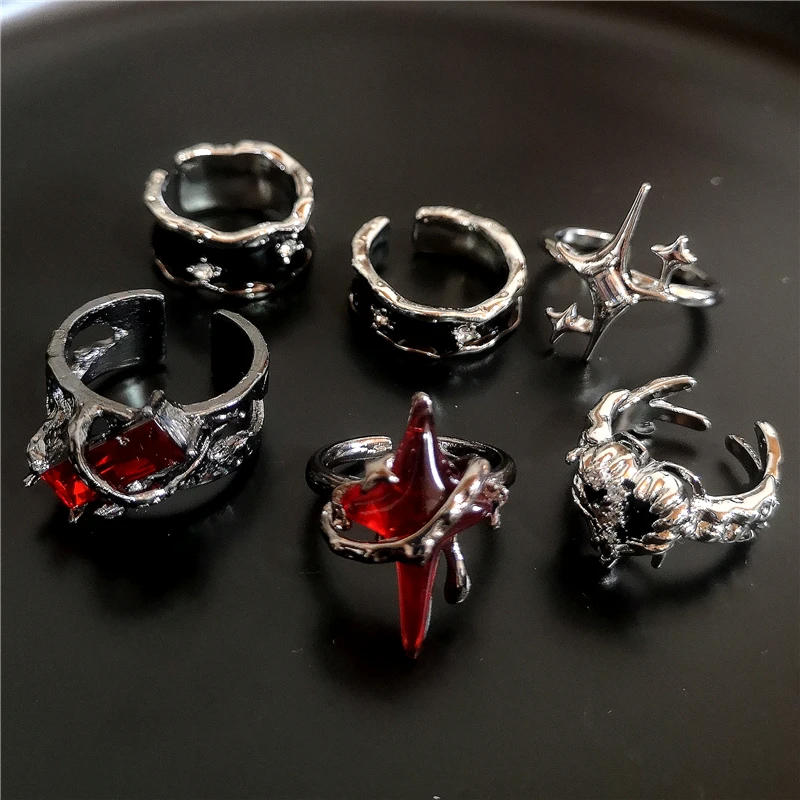 القوطية الشرير الأسود كريستال القلب الحب الأحمر الصليب هندسية بالتنقيط النفط افتتاح حلقة Y2K الجرونج كول الهيب هوب مجوهرات EMO اكسسوارات