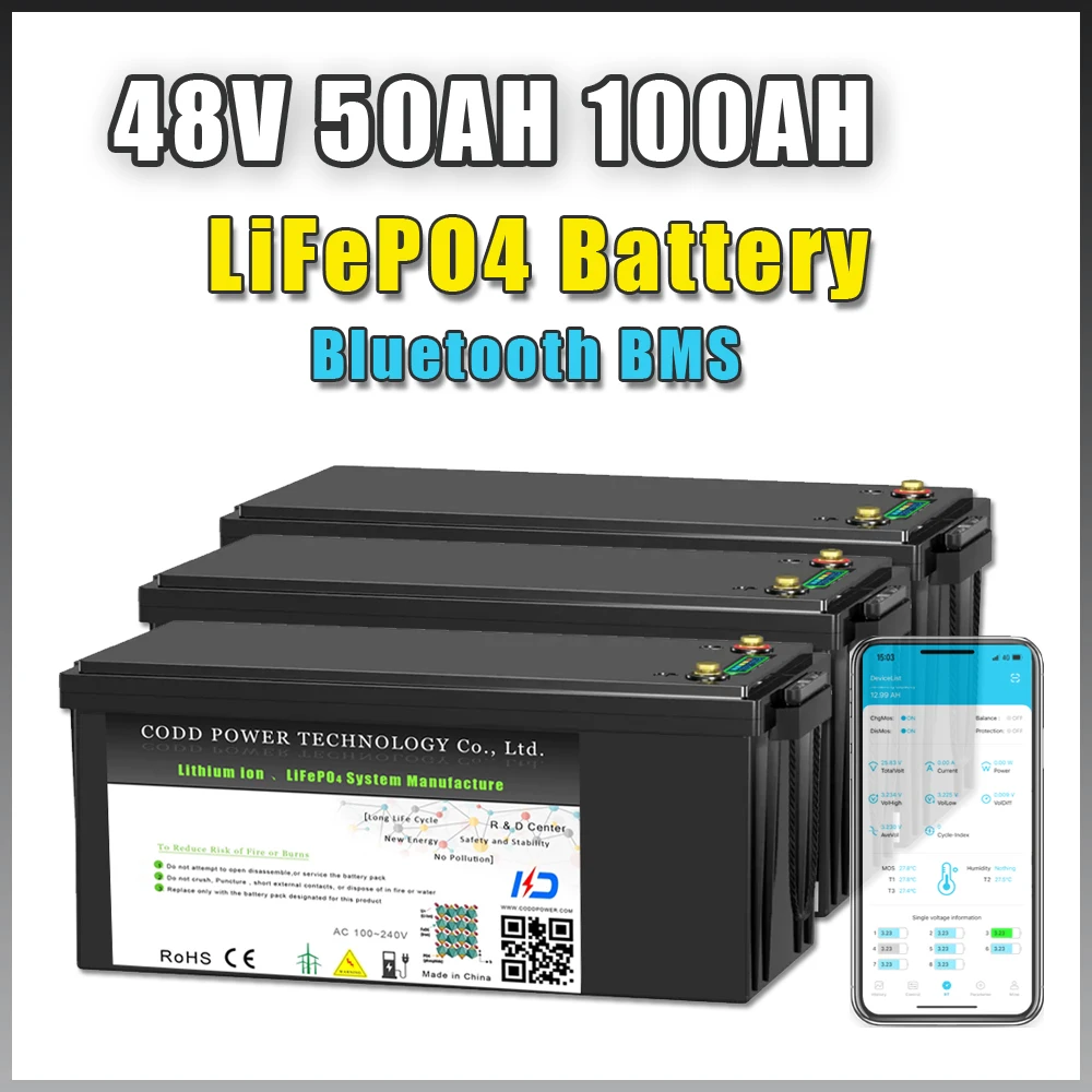 48V 50AH 100AH LiFePO4 Battery Pack Bluetooth BMS 51.2V Battery For Solar Storage Golf Cart RV Yacht Household Energy Storage