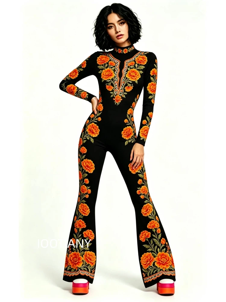 Damen-Jumpsuit mit ausgestellten Schlaghosenbeinen, geometrischem Schmetterlings-Skelett-Muster, figurbetont, Catsuit, Festival-, Rave-, Halloween-Cosplay-Outfit – Detail 30