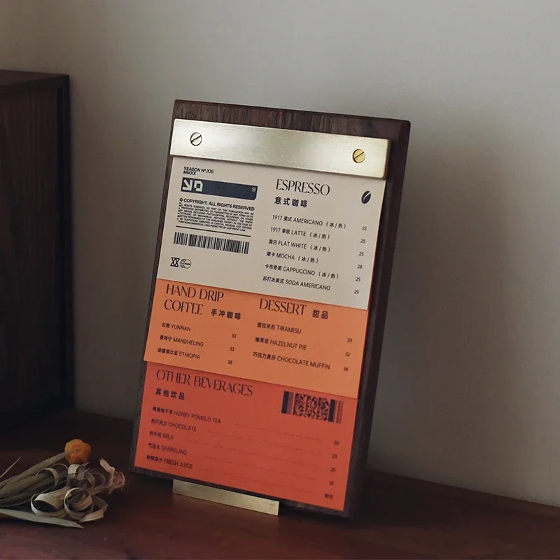 

Walnut Brass Metal Vertical Display Panel A4 Bar Menu Holder Model Room Decoration