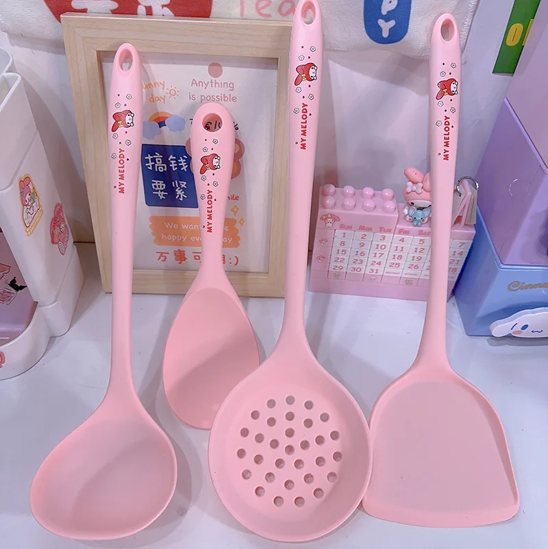 New Sanrio Melody Hello Kitty Cartoon Silicone Non-Stick Cooker High Temperature Kitchen Utensils Set Soup Rice Spoon Pot