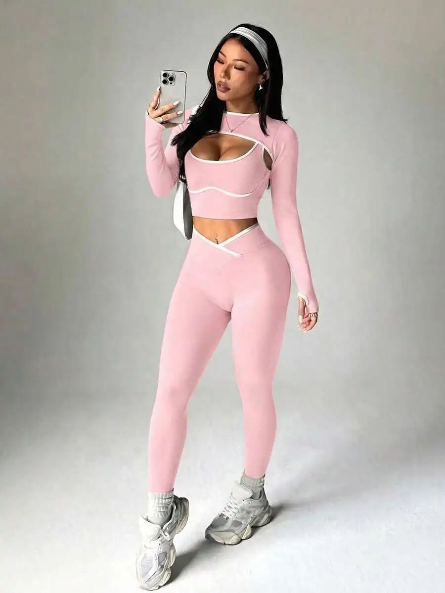 

Women 3 Piece Seamless Ribbed Sports Set Long Sleeve Top High Waist Leggings Workout Gym Set