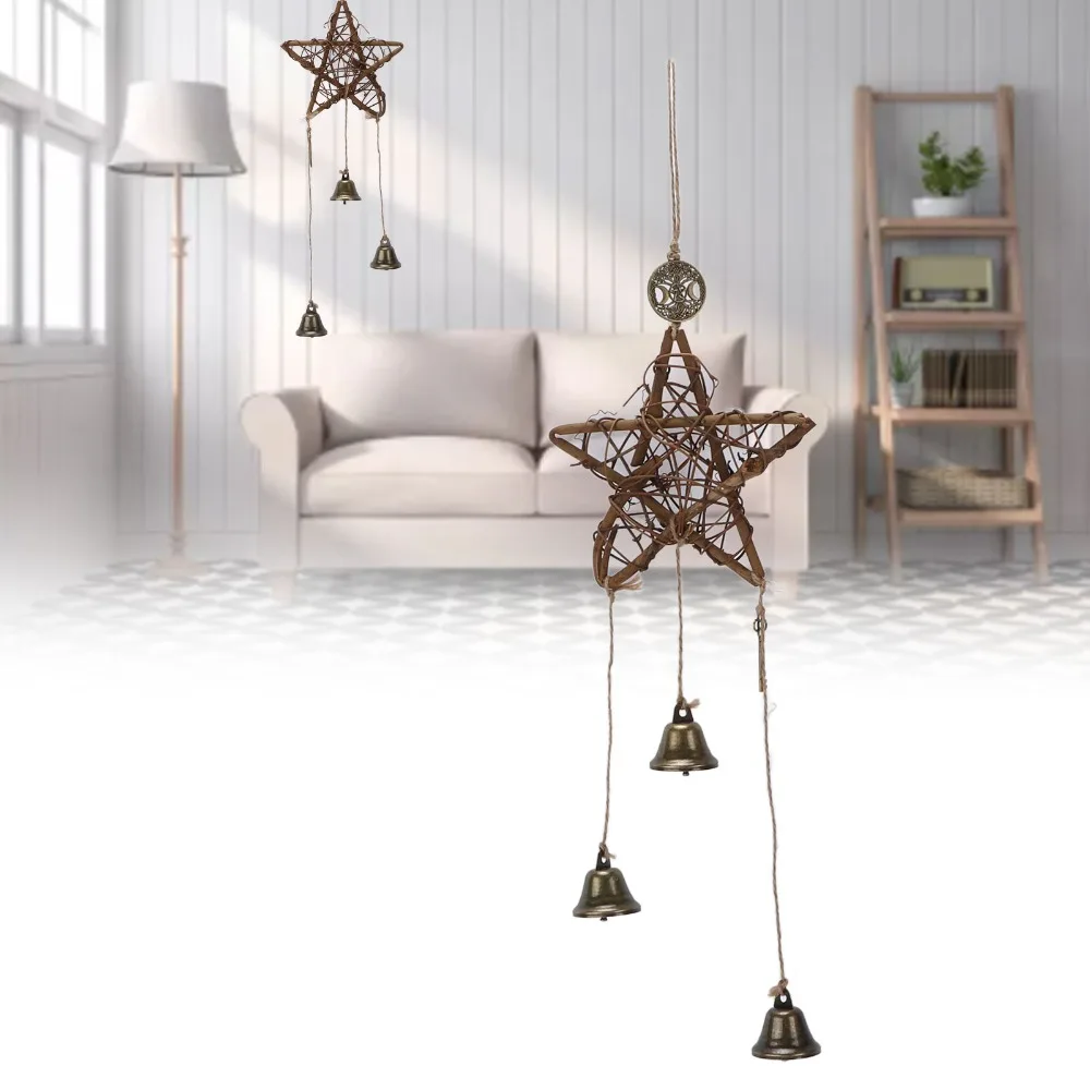Rattan Rattan Five-pointed Star Hanging Bell 21.65in Star Balcony Decorative Pendant Bell Brown