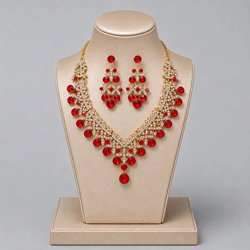 Luxuriöses Strass-Kristall Halsketten-Ohrringe-Set Vergoldet Hochzeit Abend Party Prom Schmuck Accessoires