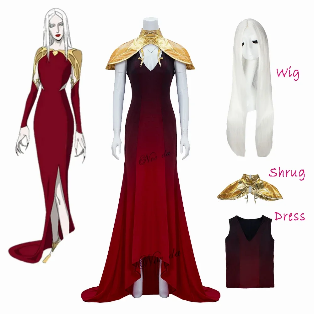 

Game Castlevania Carmilla Cosplay Costume Long White Wig Outfit Red Sexy Ceremonial Dress Fancy Party Halloween Suit Women Girl