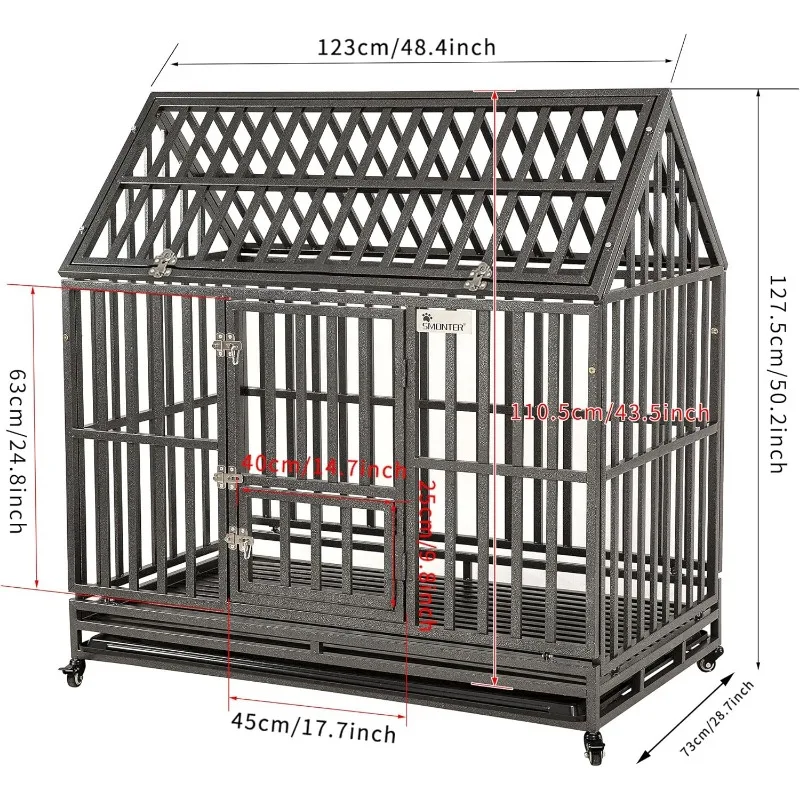 48" Heavy Duty Dog Crate Strong Metal Cage House Shape Pet Kennel Crate Playpen with 4 Locking Wheels