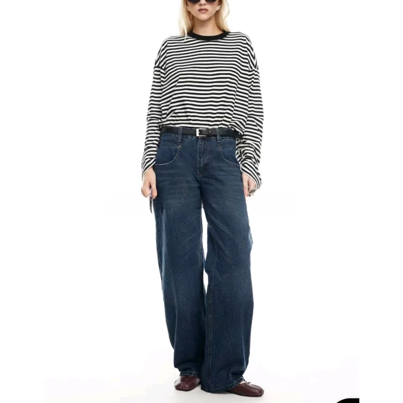 

Новая летняя свободная футболка Long Sve round Ne в полоску, женская повседневная футболка Lazy Sle из полиэфирного волокна Moisture ng