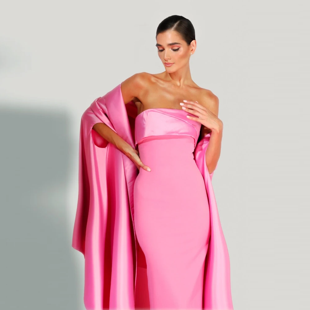 Muloong Pink Strapless Dubai Evening Dresses Straight Floor Length Prom Gown Pleated Long Shawl Luxury Woman Party Dress