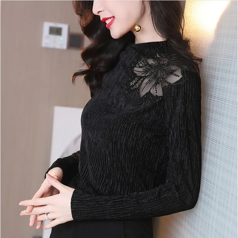 Black Top for Women Turtleneck 2024 Clothing Youth Mesh Woman T-shirt Korean Style Fine Elegant Tee 90s Vintage Novelties Tshirt