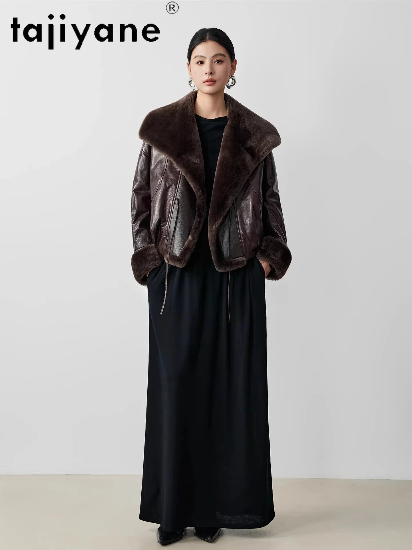 TAJIYANE 天然羊皮グースダウンコート レディース ショート丈 本革 パファージャケット ウールカラー付き 2025年冬服 дубленка