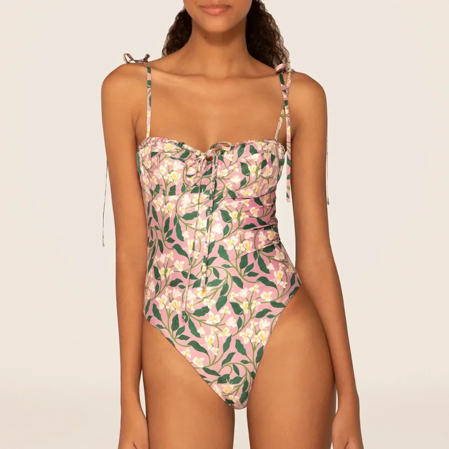 Maillot de bain en mousseline de soie, imprimé floral, soutien-gorge push-up, rembourré, à volants, bandage, ensemble deux pièces, vêtements de plage, jupe de plage, pour femmes