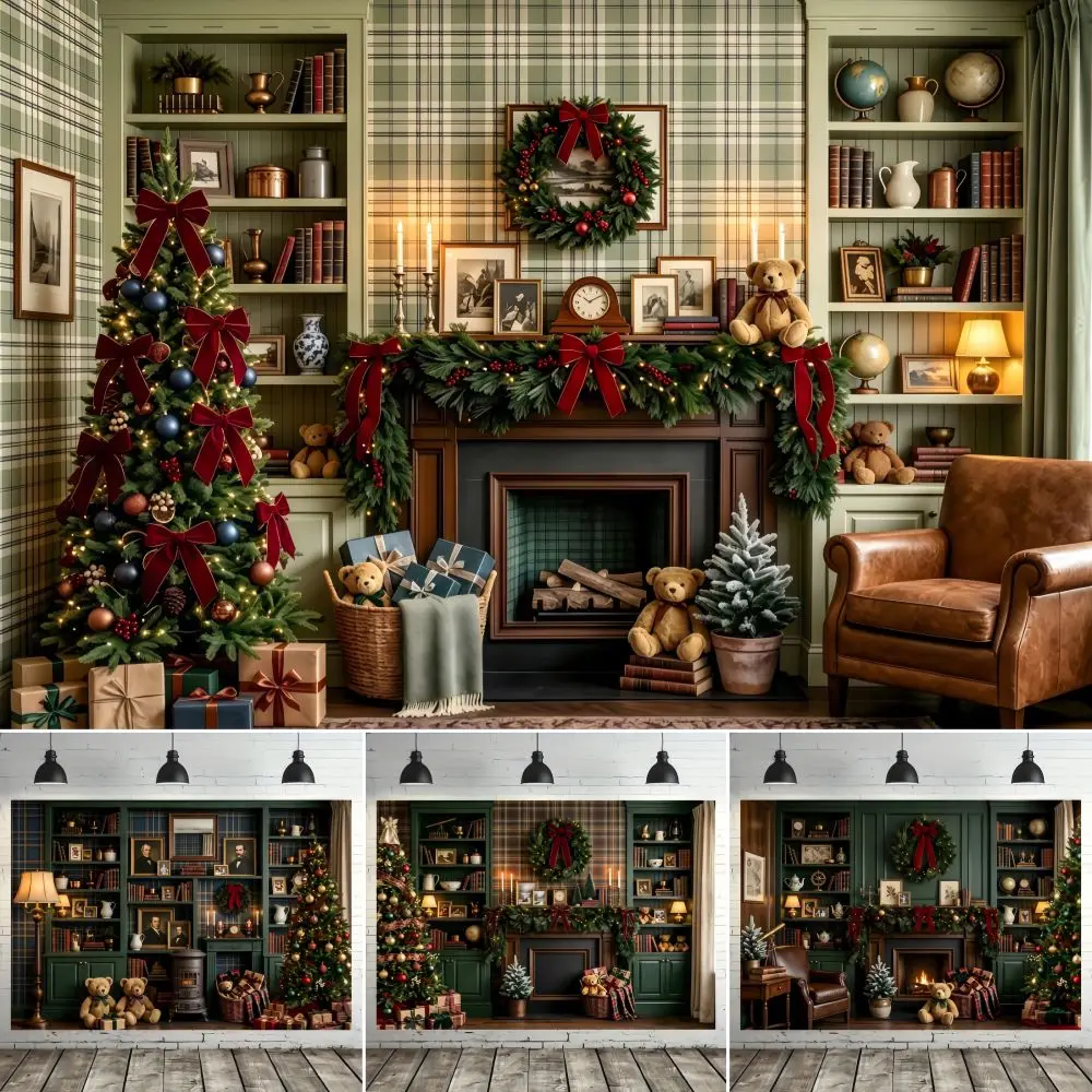 Vintage Christmas Fireplace Backdrop Plaid Green Bookshelf Teddy Bear Xmas Tree Gift Family Portrait Photography Background Prop