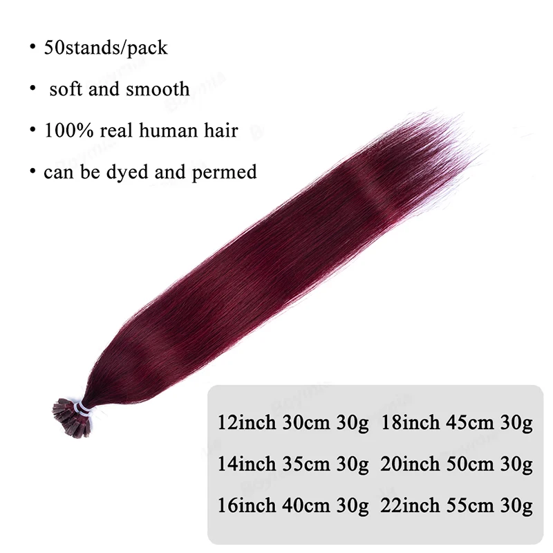 Burgundy K Tip Hair Extensions Human Hair Keratin Pre Bonded Hot Fusion Nail Tip Balayage Natural Silky Straight Extensions 30G